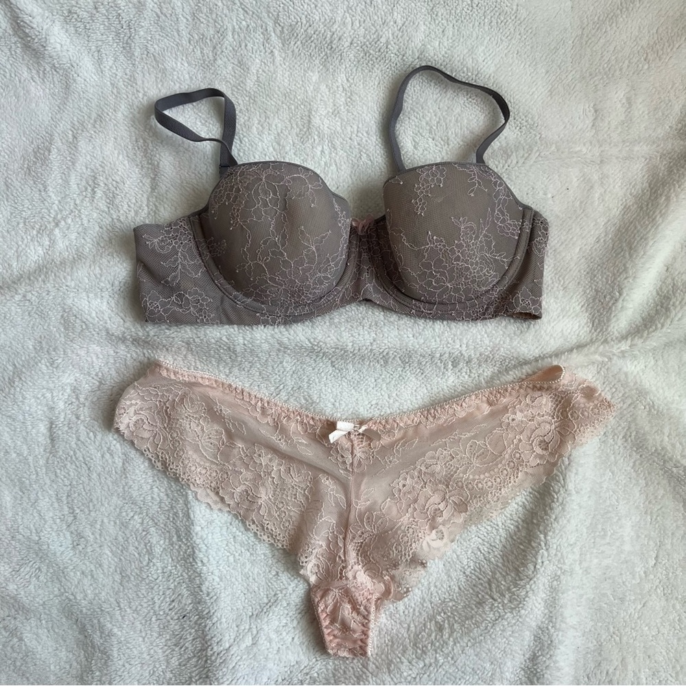 Victoria's Secret Gray and Pink Lace Bra and Unbranded Panty Set 34C